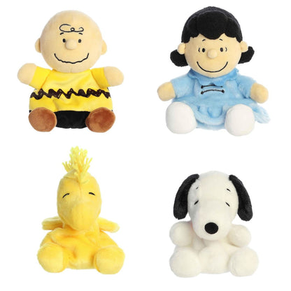 Aurora Palm Pals Peanuts 5-inch plush stuffed animal bundle featuring Charlie Brown, Lucy, Woodstock, and Snoopy.
