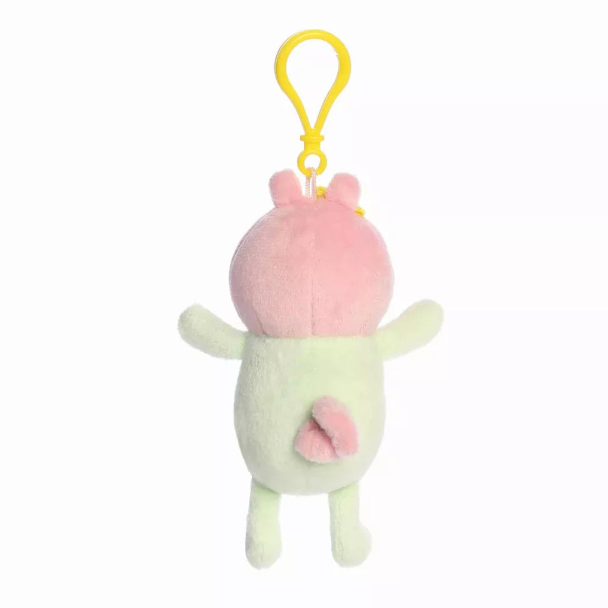 Back view of Aurora Palm Pals Baby Evie plush highlighting mint green onesie, pink curly tail, and clip.