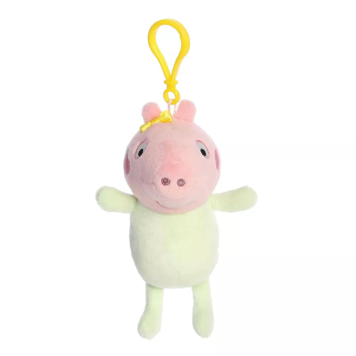 Head-on front view of Aurora Palm Pals Baby Evie clip-on plush with outstretched arms and yellow top clip.