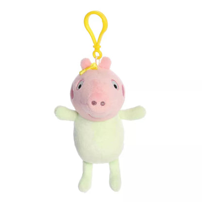 Head-on front view of Aurora Palm Pals Baby Evie clip-on plush with outstretched arms and yellow top clip.