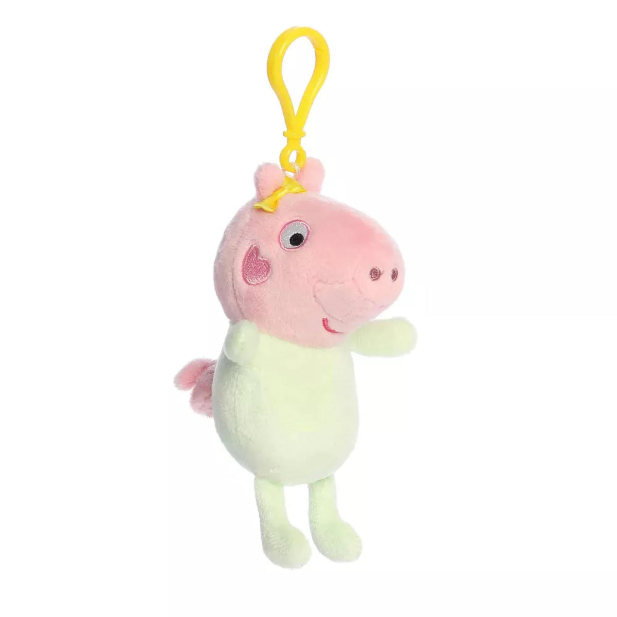 Front three-quarter view of Aurora Palm Pals Peppa Pig Baby Evie 4-inch clip-on plush with yellow backpack clip and mint outfit.