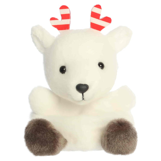 Head-on front view of Aurora Palm Pals Rem Peppermint Reindeer plush showing brown hooves, black nose, and striped antlers.