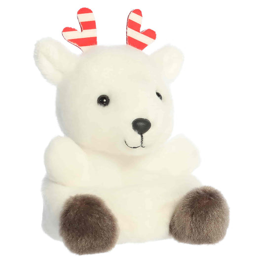 Front three-quarter view of Aurora Palm Pals Rem Peppermint Reindeer 5-inch plush with red-and-white striped antlers and white fur.