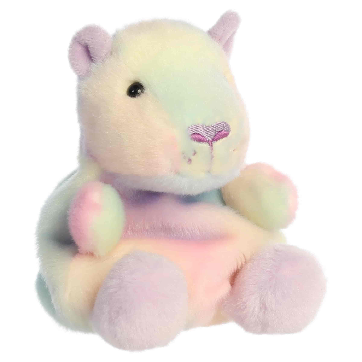 Front three-quarter view of Aurora Palm Pals Seb Sorbet Capybara 5-inch plush with pastel swirls, lavender ears, and purple heart nose.