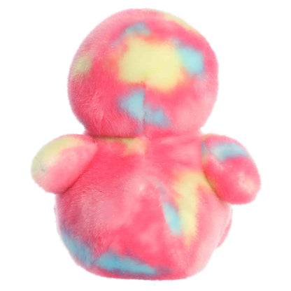Back view of Aurora Palm Pals Shimmer Rubber Ducky plush highlighting pastel spots across bright pink fur.