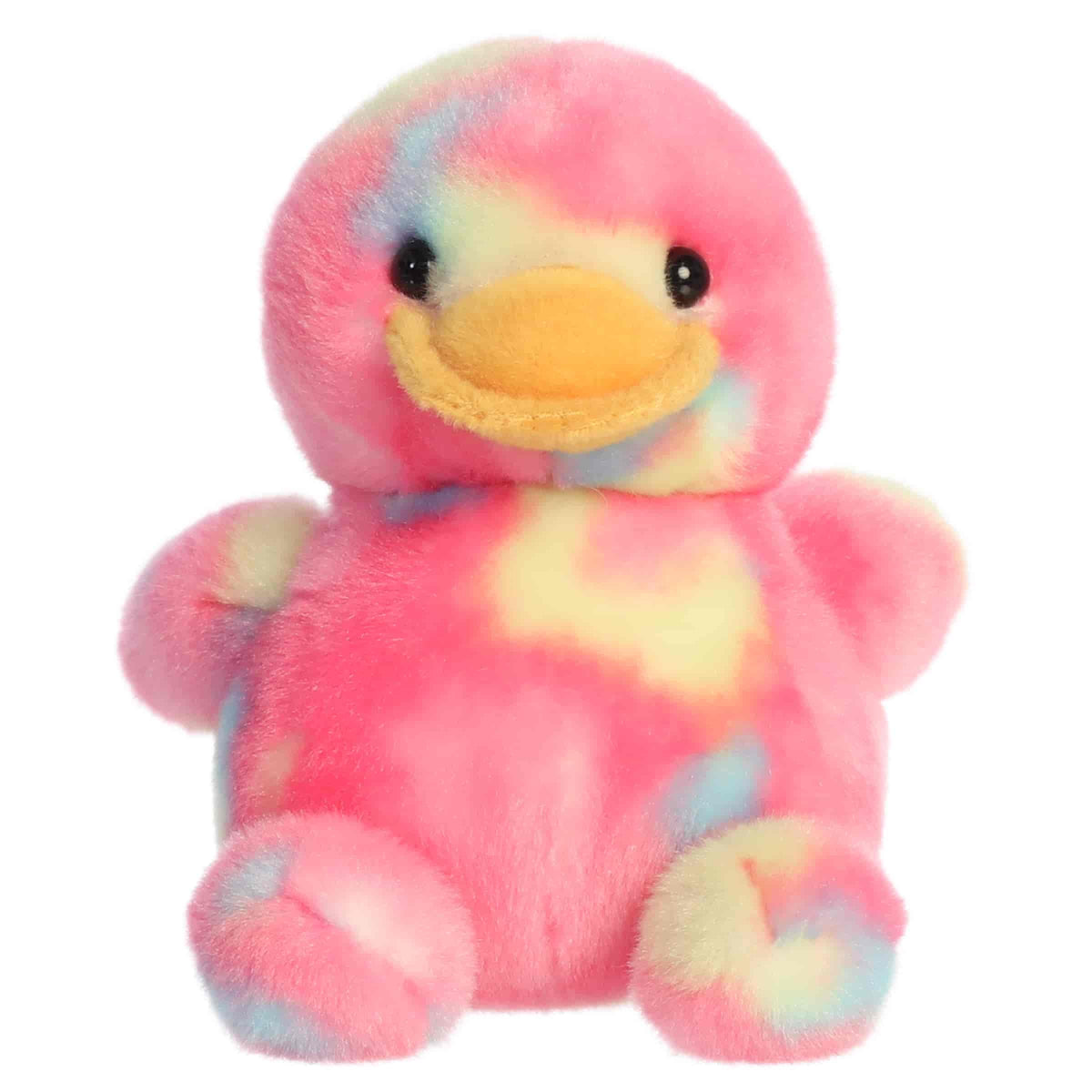 Head-on front seated view of Aurora Palm Pals Shimmer Rubber Ducky plush showing orange bill and pastel bubble spots.