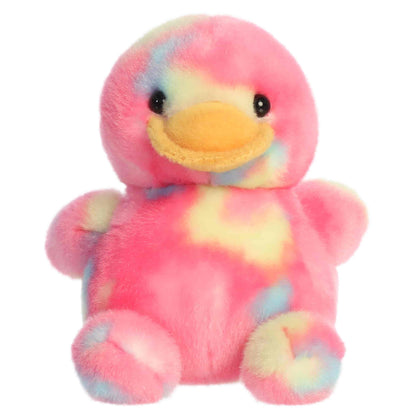 Head-on front seated view of Aurora Palm Pals Shimmer Rubber Ducky plush showing orange bill and pastel bubble spots.
