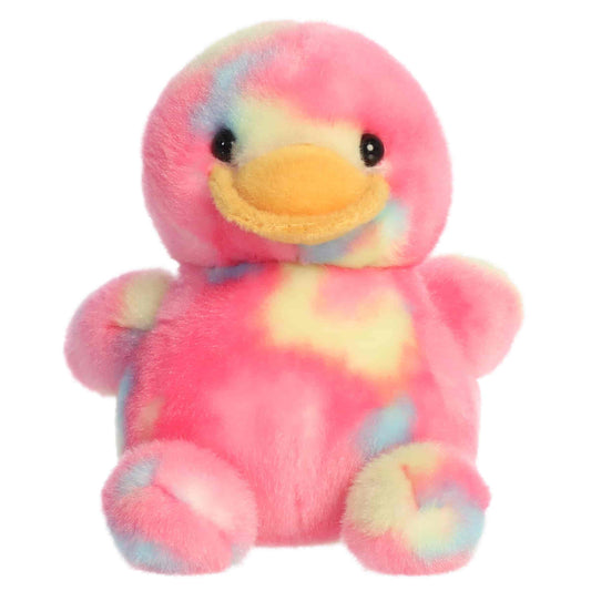 Head-on front seated view of Aurora Palm Pals Shimmer Rubber Ducky plush showing orange bill and pastel bubble spots.