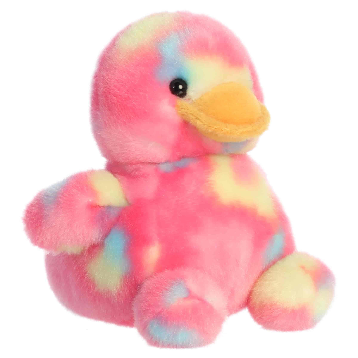 Front three-quarter view of Aurora Palm Pals Shimmer Rubber Ducky 5-inch plush with pink spotted body and orange bill.