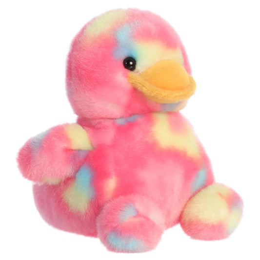 Front three-quarter view of Aurora Palm Pals Shimmer Rubber Ducky 5-inch plush with pink spotted body and orange bill.