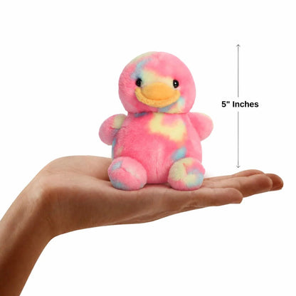 Aurora Palm Pals Shimmer Rubber Ducky plush resting in an open palm with 5-inch vertical height scale measurement bar.