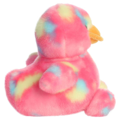 Side profile view of Aurora Palm Pals Shimmer Rubber Ducky plush showing seated posture and duck tail.