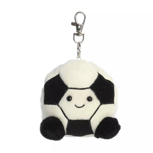 Front view of Aurora Palm Pals Striker Soccer 4-inch clip-on plush with black and white panels and silver clip.