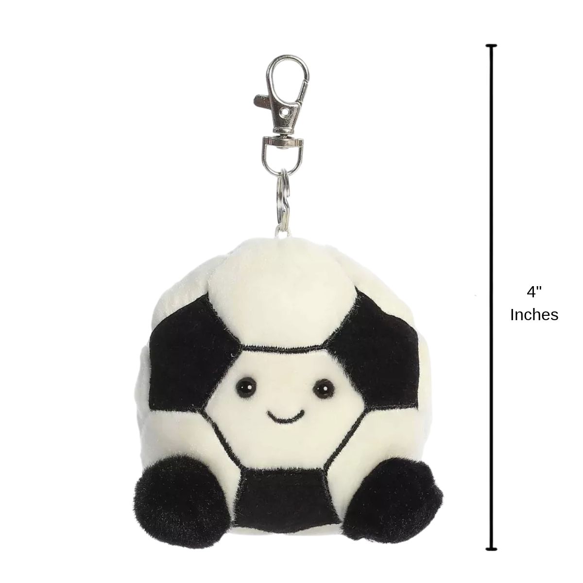 Aurora Palm Pals Striker Soccer clip-on plush with 4-inch vertical height scale measurement bar.