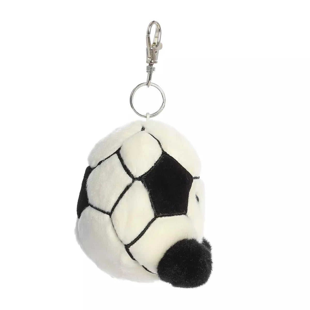 Side profile view of Aurora Palm Pals Striker Soccer plush highlighting round ball shape and top keychain ring.