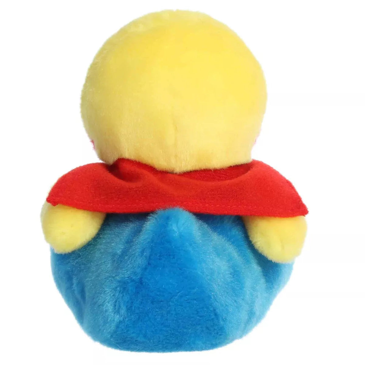 Back view of Aurora Palm Pals Super-Sud Super Duck plush highlighting yellow head, red superhero cape, and blue body.
