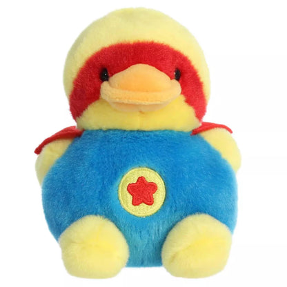 Head-on front seated view of Aurora Palm Pals Super-Sud Super Duck plush showing red star chest emblem and orange bill.