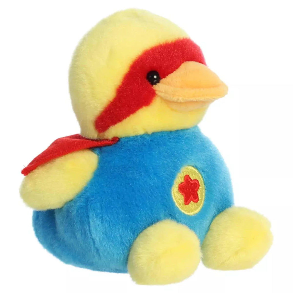 Front three-quarter view of Aurora Palm Pals Super-Sud Super Duck 5-inch plush with red mask, blue suit, and yellow star badge.