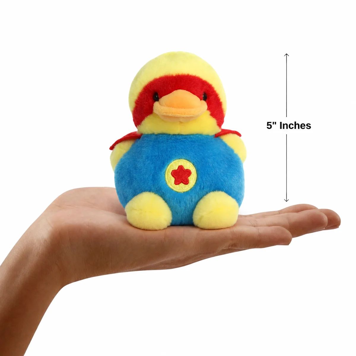 Aurora Palm Pals Super-Sud Super Duck plush resting in an open palm with 5-inch vertical height scale measurement bar.