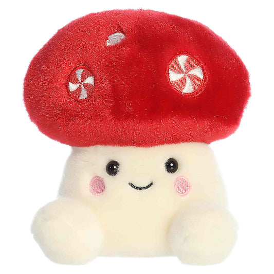 Head-on front view of Aurora Palm Pals Tim Peppermint Mushroom plush showing smiling face, rosy cheeks, and cream feet.