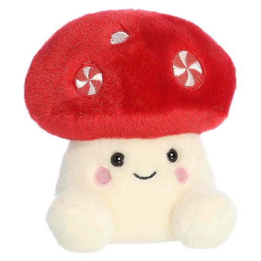 Front three-quarter view of Aurora Palm Pals Tim Peppermint Mushroom 5-inch plush with peppermint candy embroidered red cap.