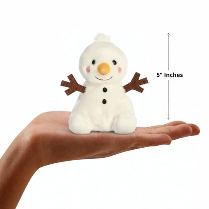Aurora Palm Pals 5-inch Twig Snowman plush resting in an open hand with height measurement graphic.