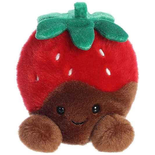 Head-on front view of Aurora Palm Pals Valentino Chocolate Strawberry plush showing smiling face, rosy cheeks, and green leaves.