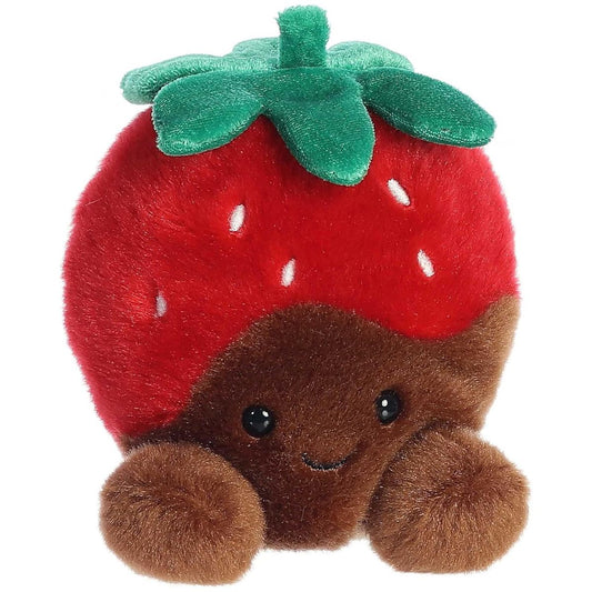 Front three-quarter view of Aurora Palm Pals Valentino Chocolate Strawberry 5-inch plush with red berry top and chocolate-dipped base.