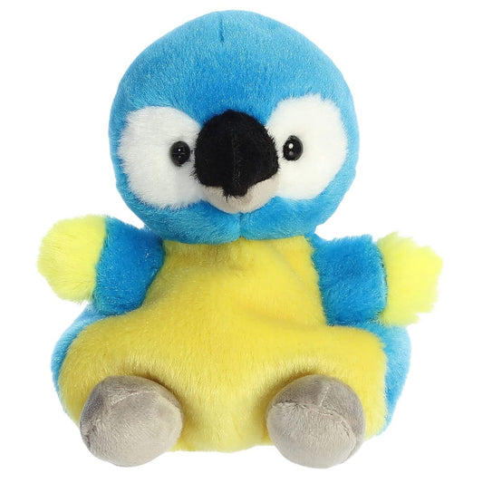 Front view thumbnail of sitting Blues Macaw plush showing yellow belly, grey feet, and glossy black eyes.