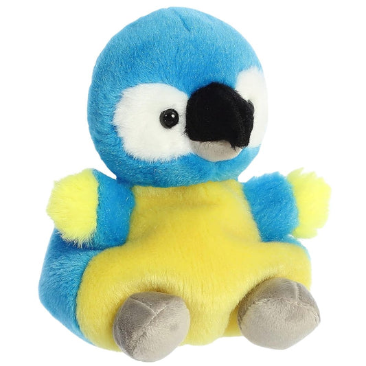 Aurora Palm Pals Zoo Blues Macaw 5-inch blue and yellow stuffed animal plush with white eye patch and black beak.