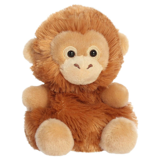 Aurora Palm Pals Zoo Karen Orangutan 5-inch warm brown shaggy stuffed animal plush with peach face and tan feet.