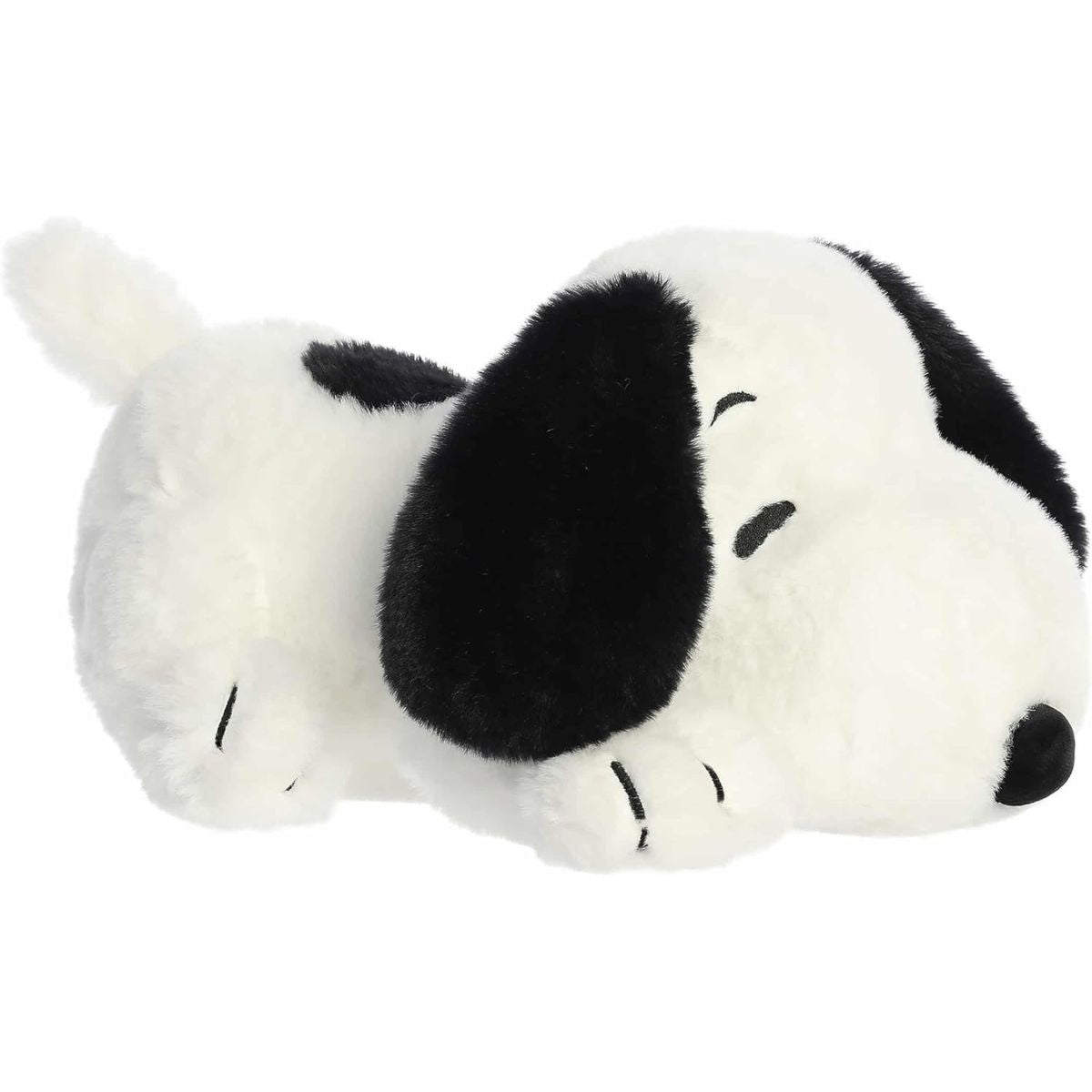 Aurora Peanuts Cuddles Snoopy 12-inch plush stuffed animal #40528 lying down at an angle.