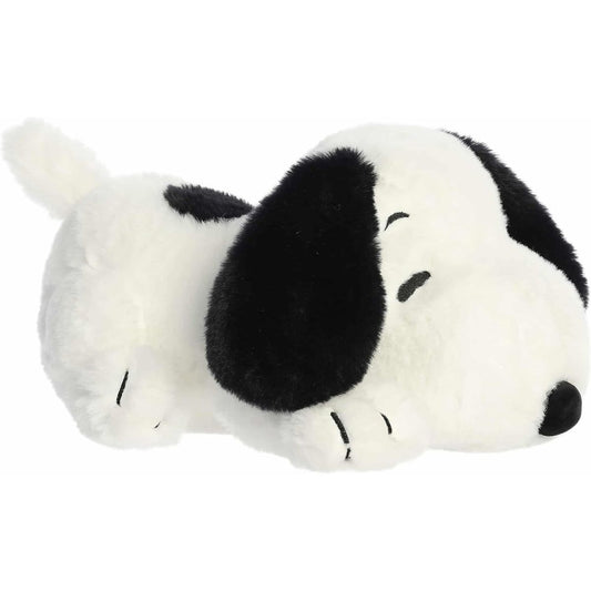 Aurora Peanuts Cuddles Snoopy 12-inch plush stuffed animal #40528 lying down at an angle.