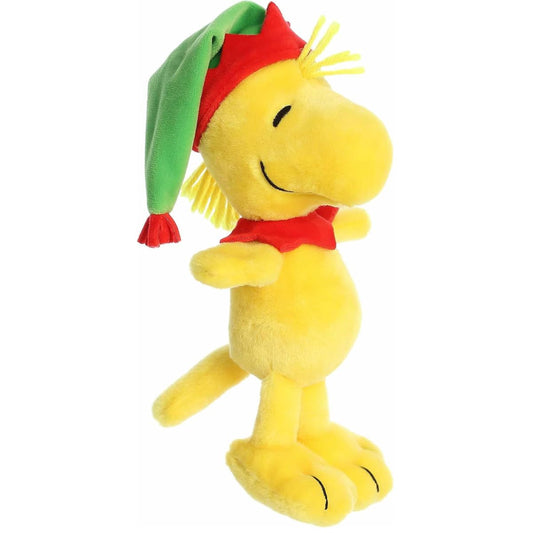 Aurora Peanuts Elf Woodstock 8-inch plush stuffed animal #40519 standing at an angle with green elf hat and red collar.