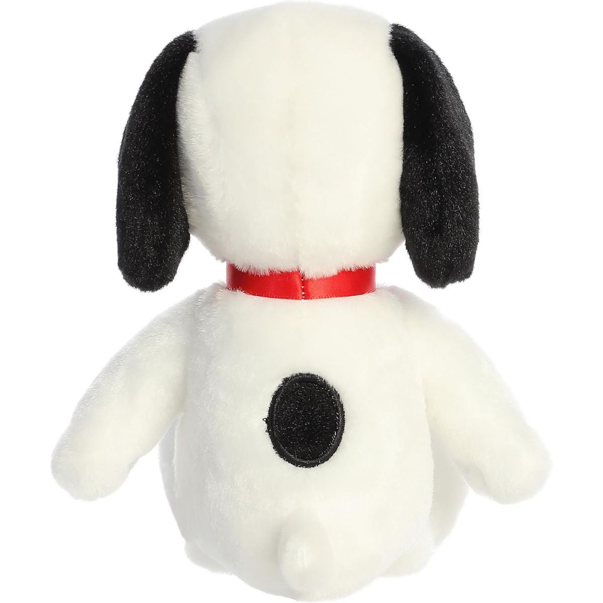 Direct back view of the cuddly Snoopy stuffed animal showing his classic black back spot, red collar, and little tail.