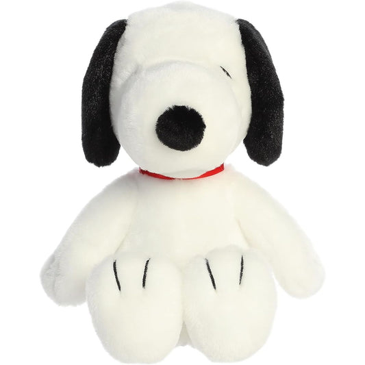 Direct front view of the soft Peanuts Snoopy plush showing his black nose, red collar, and stitched paws.