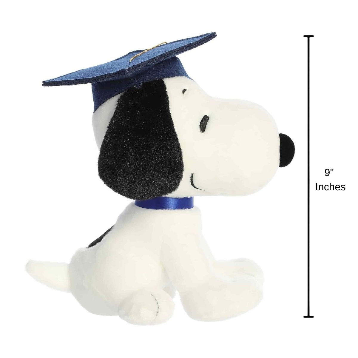 Side profile view thumbnail of Graduation Snoopy plush next to a 9-inch height measurement arrow graphic.