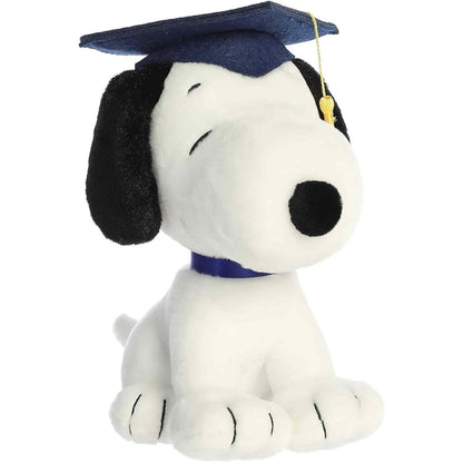 Aurora Peanuts Graduation Snoopy #40538 9-inch stuffed animal plush wearing a navy blue mortarboard cap with gold tassel.
