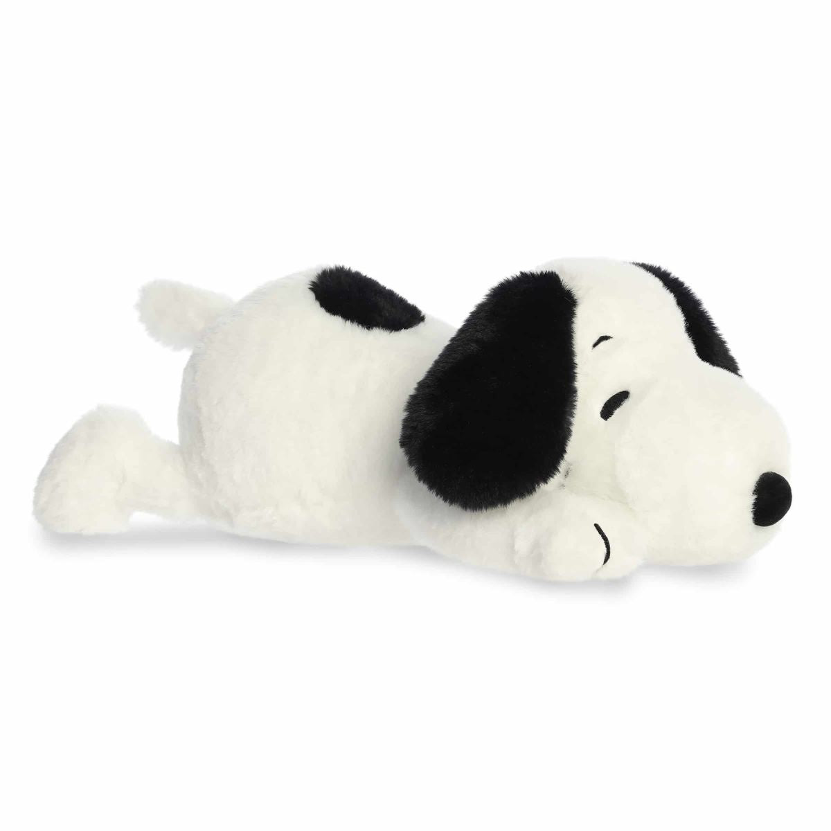 Side profile view thumbnail of lying Huggable Snoopy plush #40526 showing red collar and black back spot.