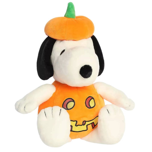 Aurora Peanuts Pumpkin Costume Snoopy 14-inch stuffed animal plush sitting upright in orange jack-o-lantern outfit.