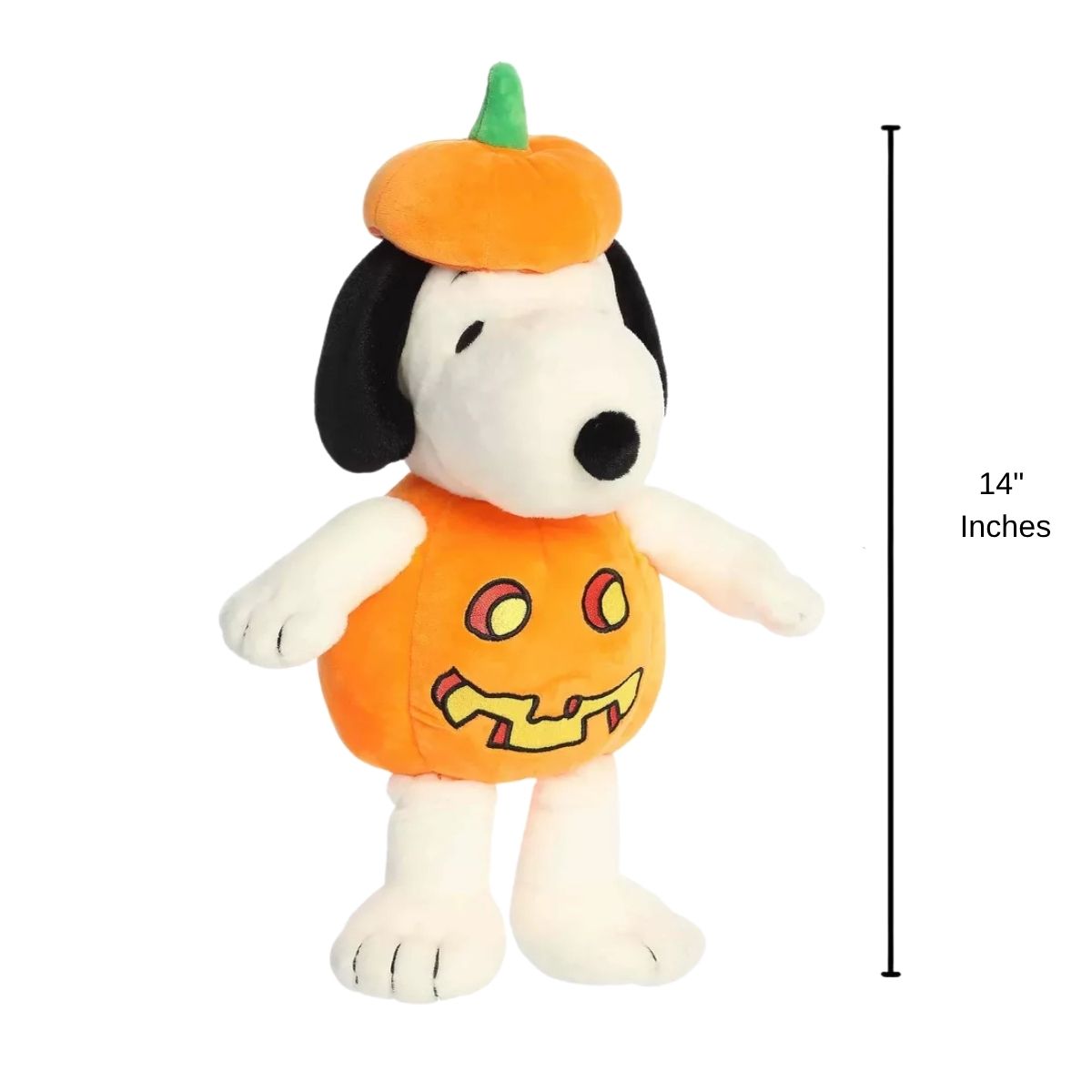 Standing thumbnail of Pumpkin Costume Snoopy plush next to a 14-inch height measurement graphic indicator.