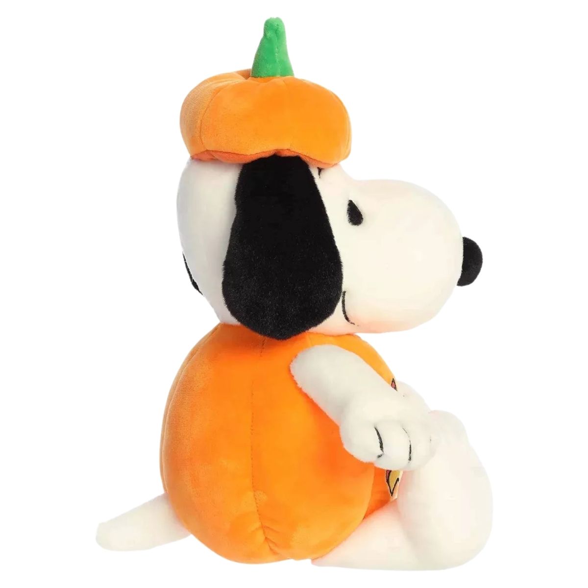 Side profile view thumbnail of Snoopy sitting in his plush orange pumpkin suit and green stem hat.