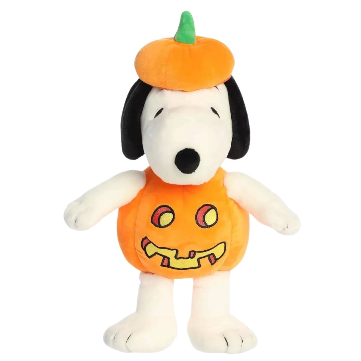 Full standing view thumbnail of Pumpkin Costume Snoopy plush displaying full orange jack-o-lantern costume.