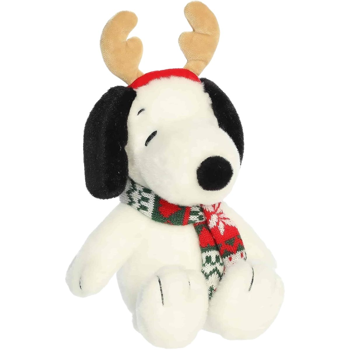 Aurora Peanuts Reindeer Snoopy 8-inch plush toy sitting wearing brown antlers headband and red and green knit scarf.
