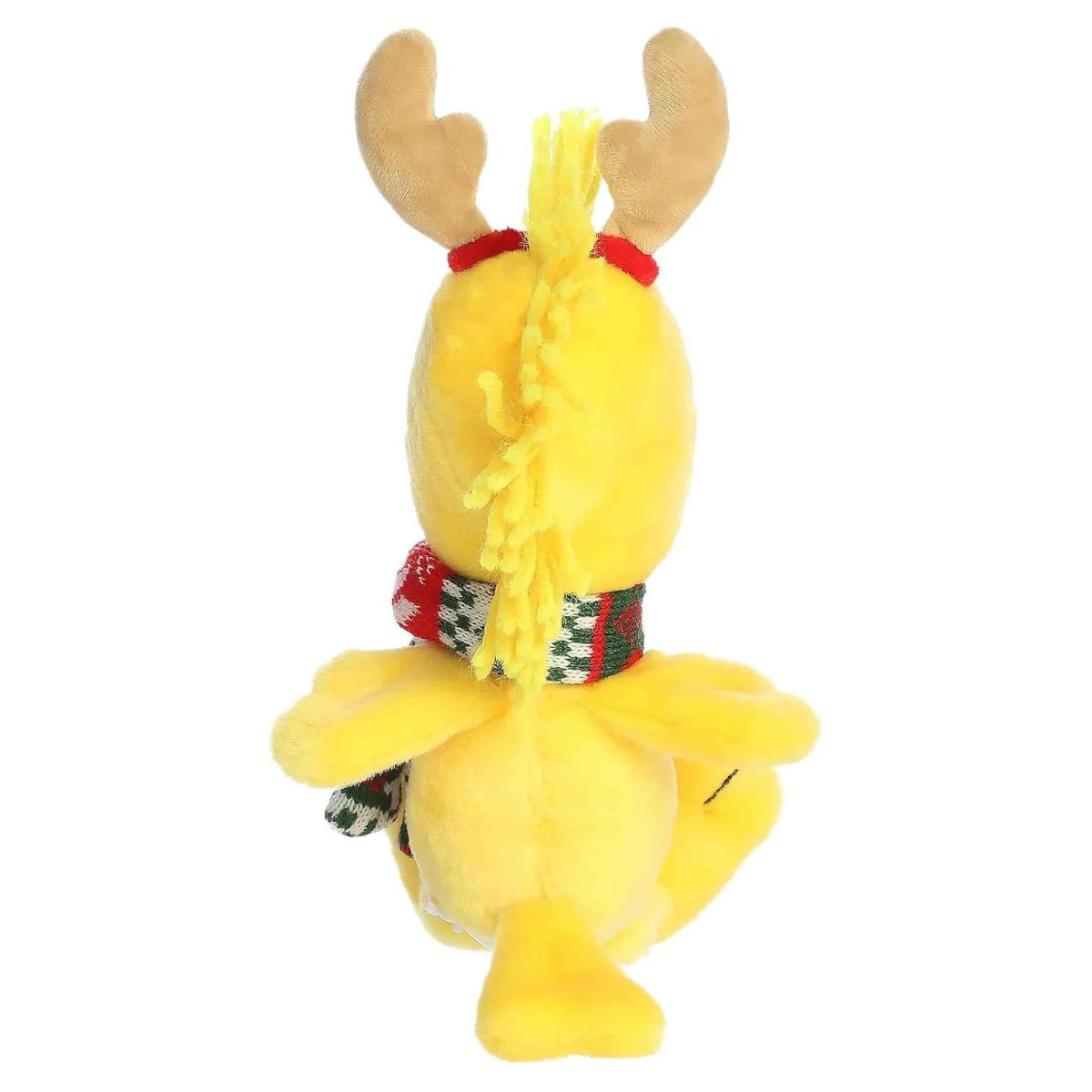 Back view of Aurora Peanuts Reindeer Woodstock plush highlighting tail feathers, tied scarf, and reindeer antlers.