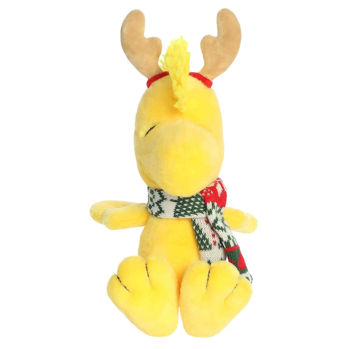 Front seated view of Aurora Peanuts Woodstock plush with reindeer antlers headband and patterned winter scarf.