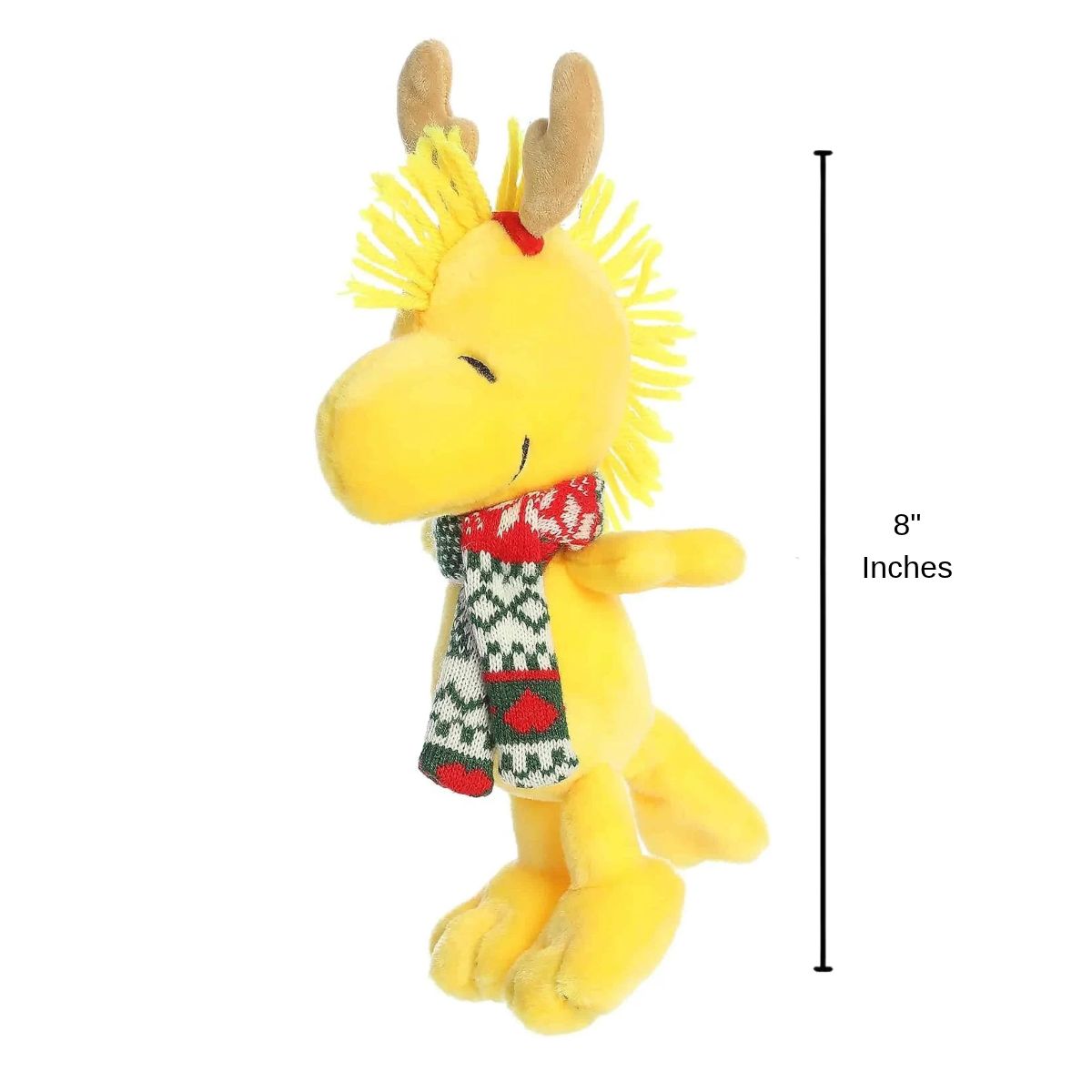 Aurora Peanuts Reindeer Woodstock stuffed animal plush with 8-inch height scale measurement graphic.