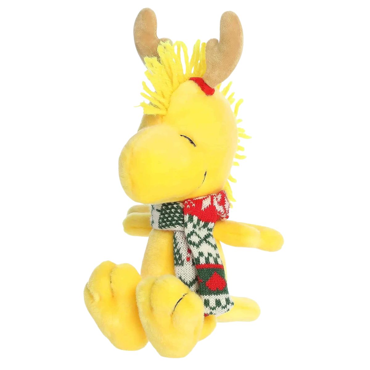 Three-quarter seated view of Aurora Peanuts Reindeer Woodstock 8-inch stuffed animal plush wearing antlers and festive scarf.