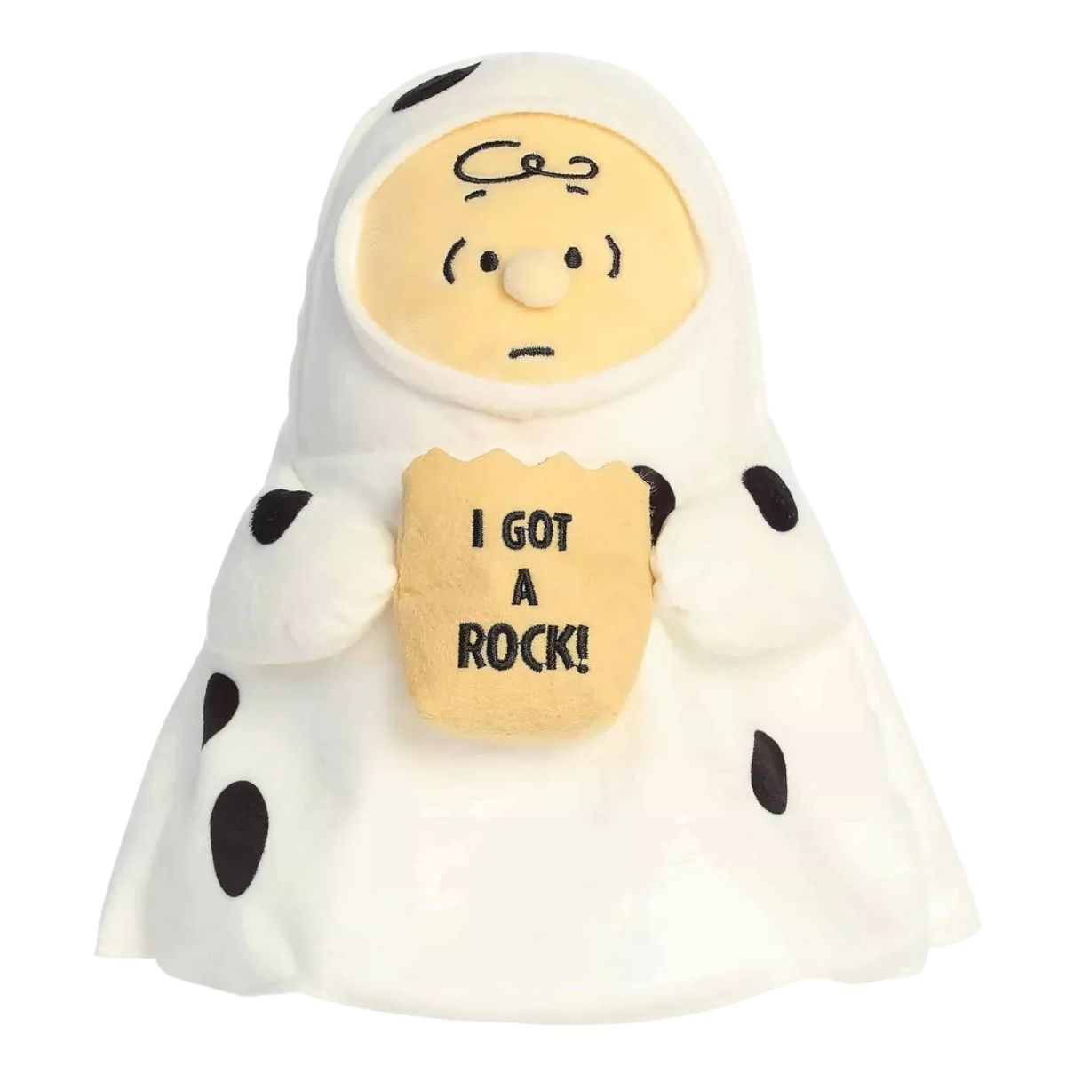 Front view thumbnail of sitting Ghost Charlie Brown plush showcasing facial embroidery and brown paper bag.