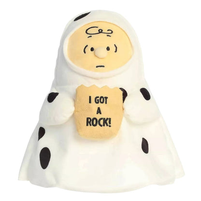 Front view thumbnail of sitting Ghost Charlie Brown plush showcasing facial embroidery and brown paper bag.